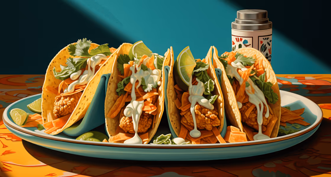 Four corn taco shells filled with fried cauliflower, shredded carrots, lettuce, cilantro, sliced lime, and drizzled with white sauce on a blue plate.